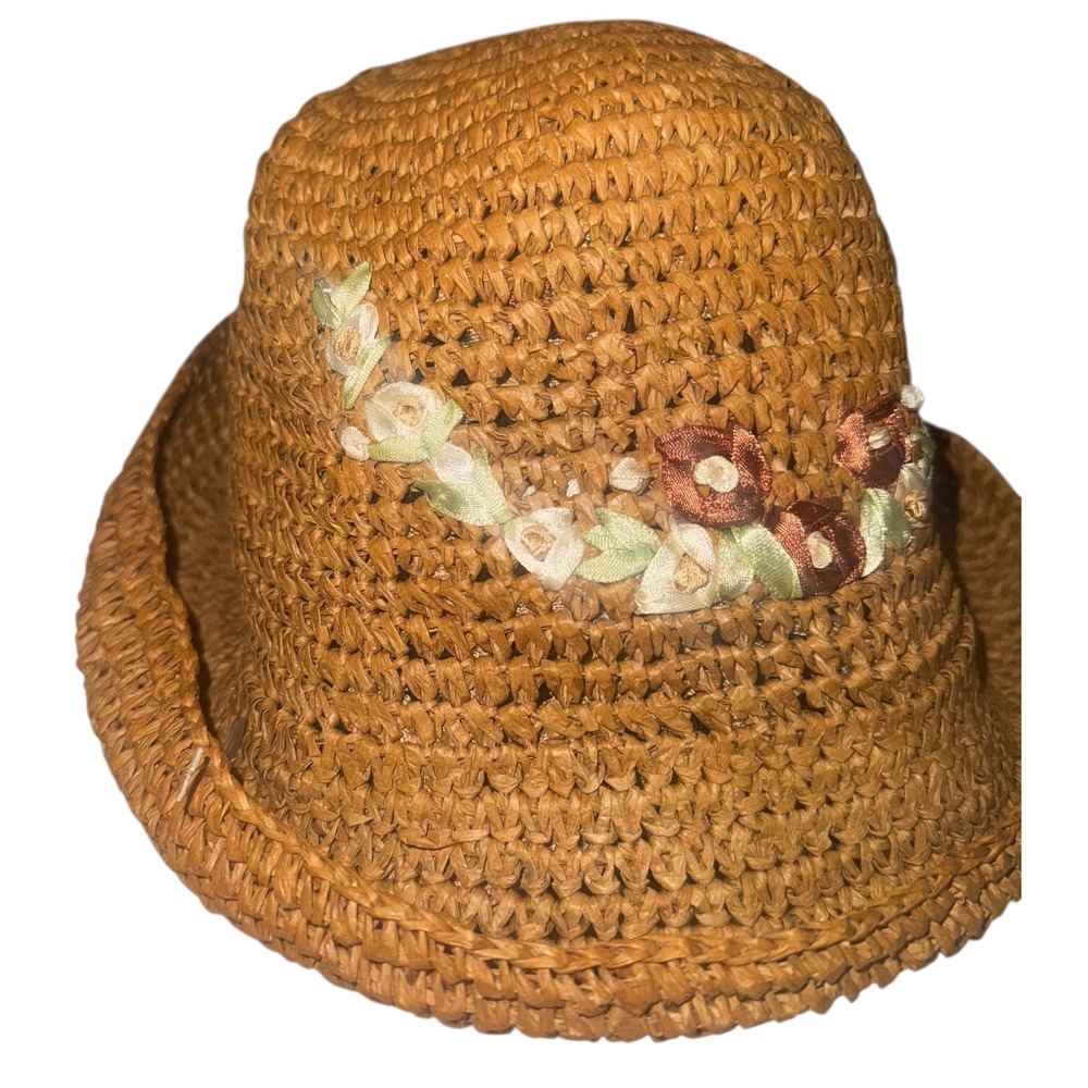 Woven Straw Bucket Hat Floral Embellishment Flowers Summer Beach Vacation Women - Picture 3 of 8